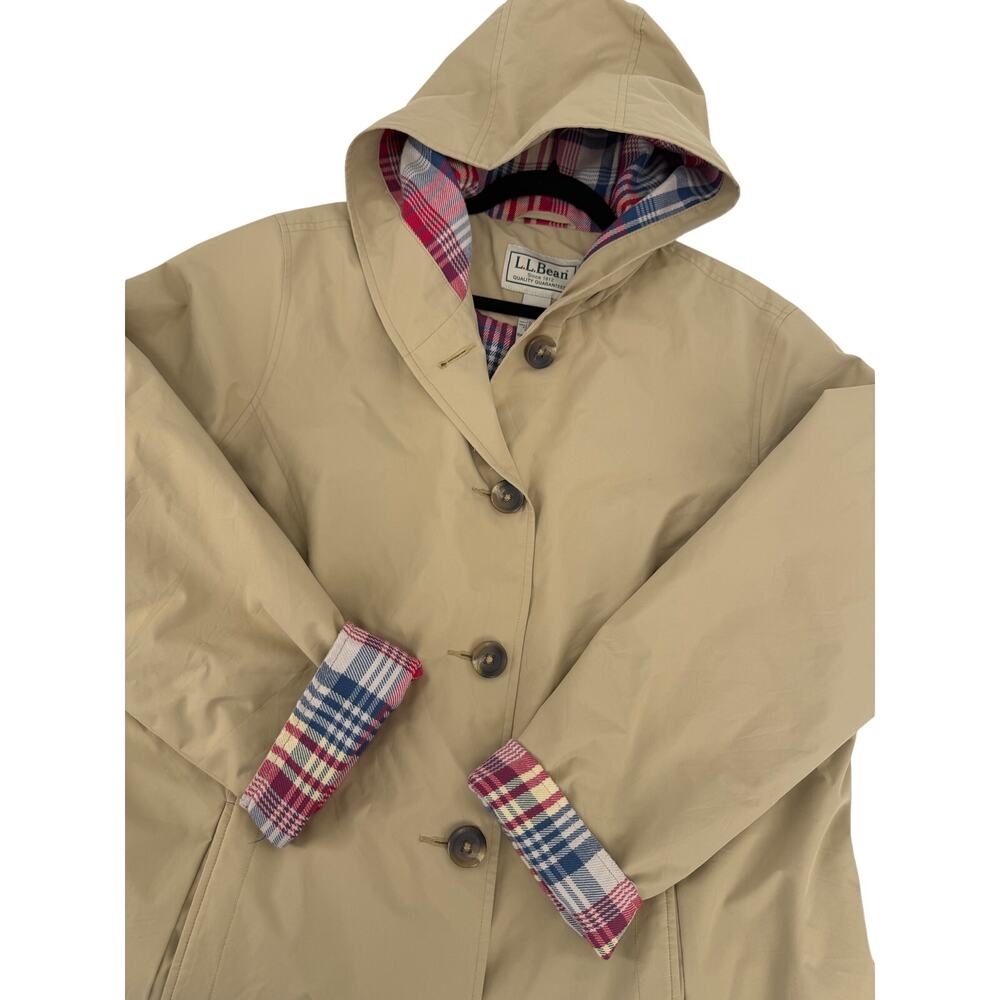 Vintage L.L. BEAN 1X Womens Khaki Mackintosh Jacket Flannel Lined Rain Coat Hood - Picture 2 of 16